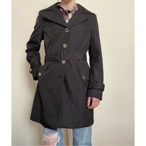 [SOLD] Calvin Klein Hooded Black Button Up Rain Trench Coat Jacket Size Small